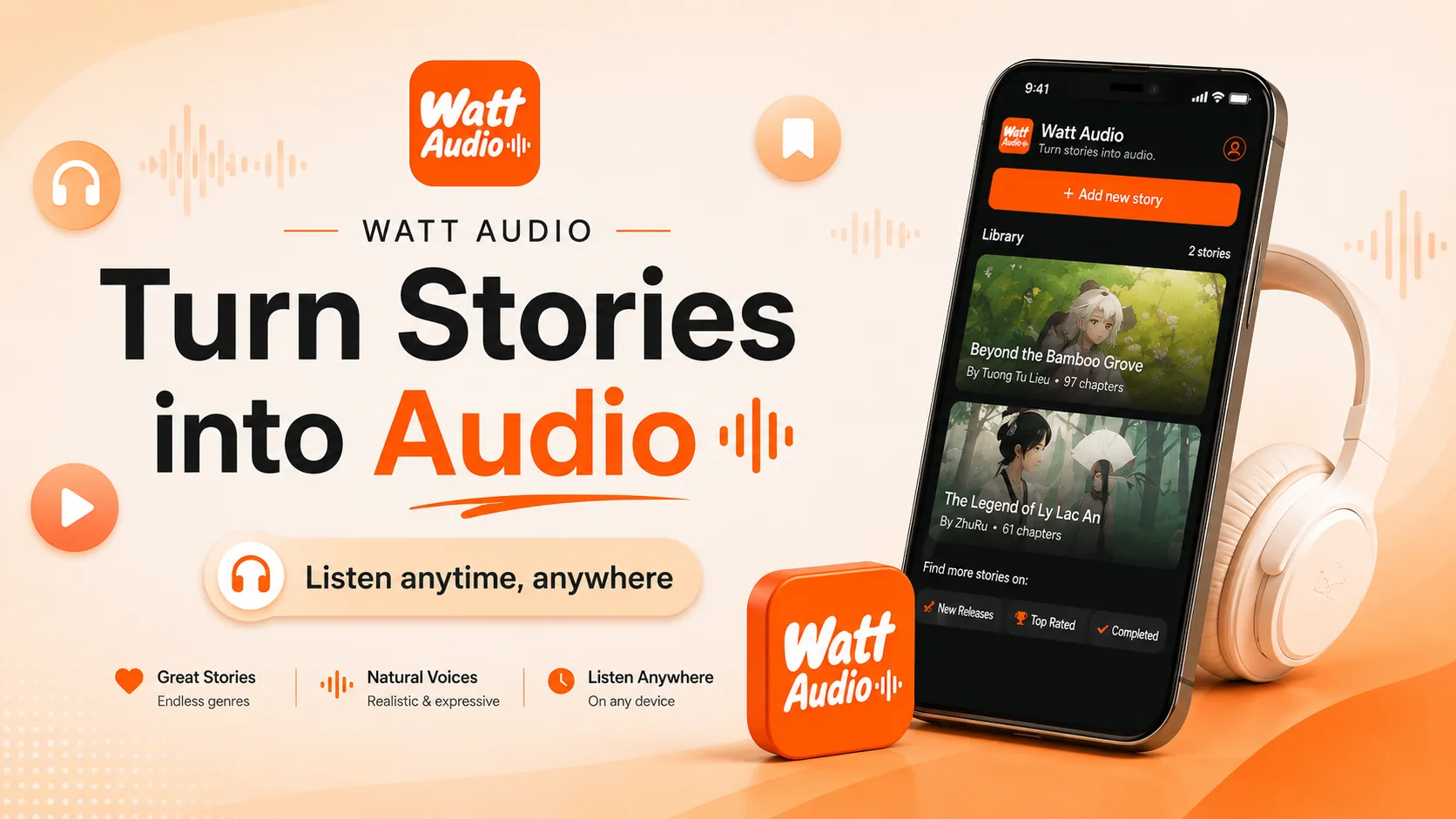 Watt Audio homepage hero image in English showing the app turning stories into audio